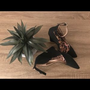 Black Suede Pointy Toe Wedge Heels